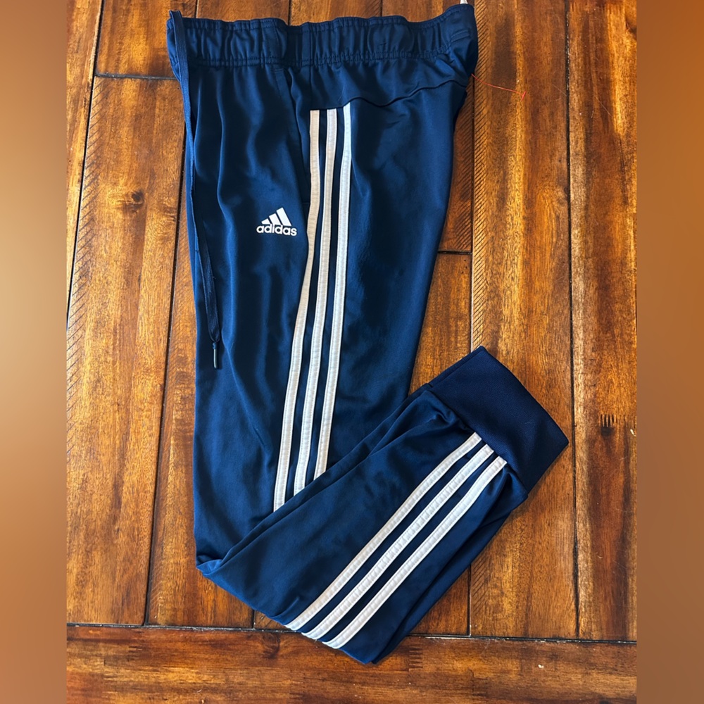Adidas Blue and White Pants with Signature Stripes